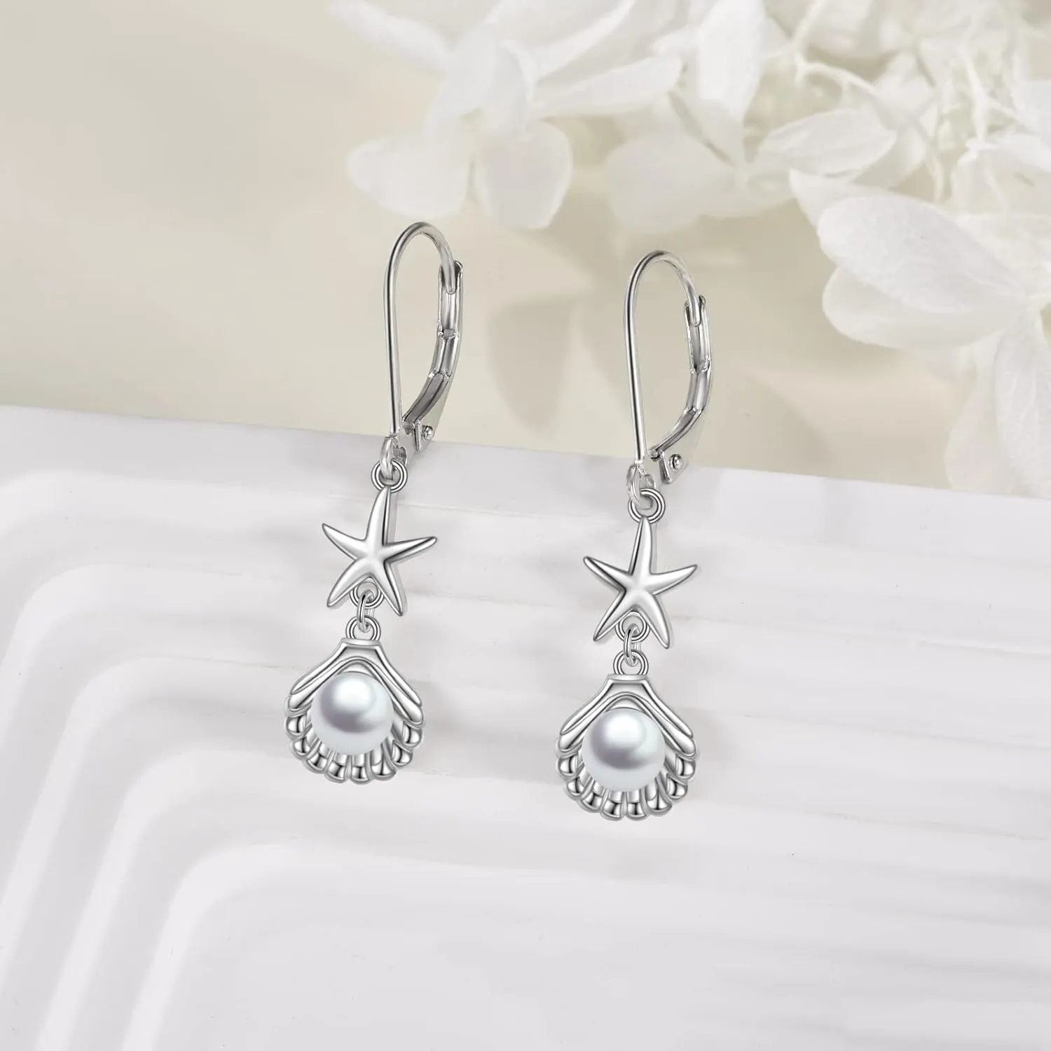 Beach Earrings 925 Sterling Silver Seashell Shell Pearl Leverback Earrings Starfish Drop Dangle Earrings Ocean Jewelry Gifts for Women