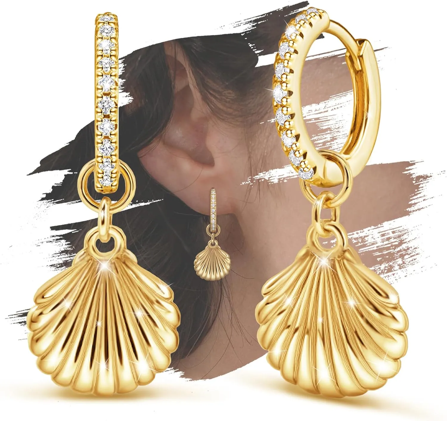 Beach Earrings for Women Gold - Hypoallergenic Gold Hoop Huggie Earrings with Drop Dangle Vintage Cubic Zirconia Seashell Earrings Vacation Lightweight Gifts Jewelry