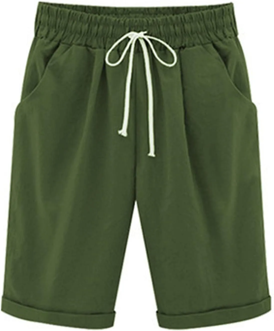 Bermuda Shorts for Women Summer Casual Linen Pants Knee Length Bermuda Short Elastic Waist Drawstring Pocket Capris