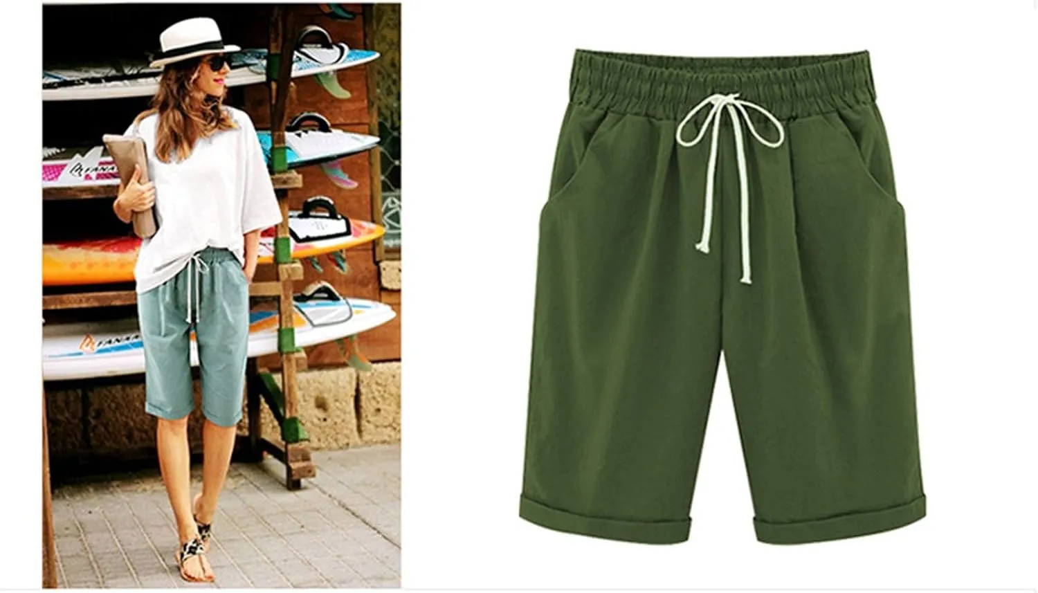 Bermuda Shorts for Women Summer Casual Linen Pants Knee Length Bermuda Short Elastic Waist Drawstring Pocket Capris