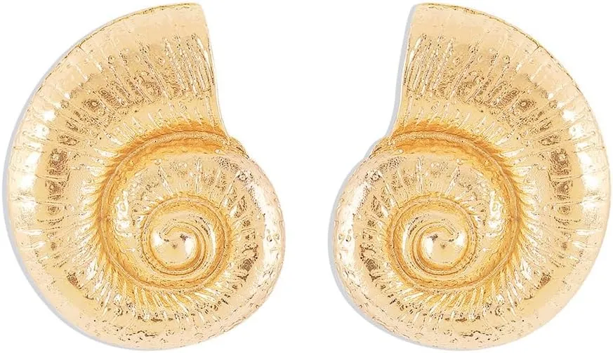 Big Seashell Stud Earrings for Women Gold Plated Hypoallergenic Fashion Large Ocean Sea Snail Conch Dangle Drop Earring Lightweight Hammered Y2K Beachy Jewelry Gifts