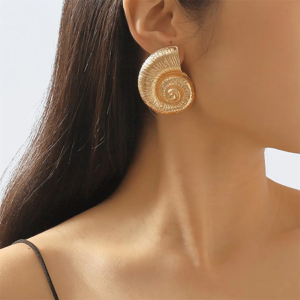 Big Seashell Stud Earrings for Women Gold Plated Hypoallergenic Fashion Large Ocean Sea Snail Conch Dangle Drop Earring Lightweight Hammered Y2K Beachy Jewelry Gifts