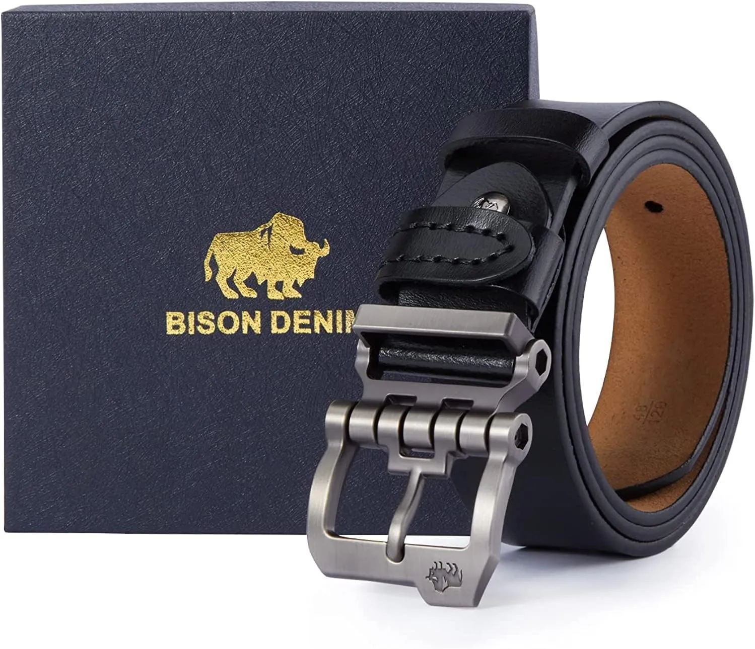 BISON DENIM Men's Belts Leather Dress Genuine Leather Classic Heavy Duty Buckle Belt Casual for Jeans