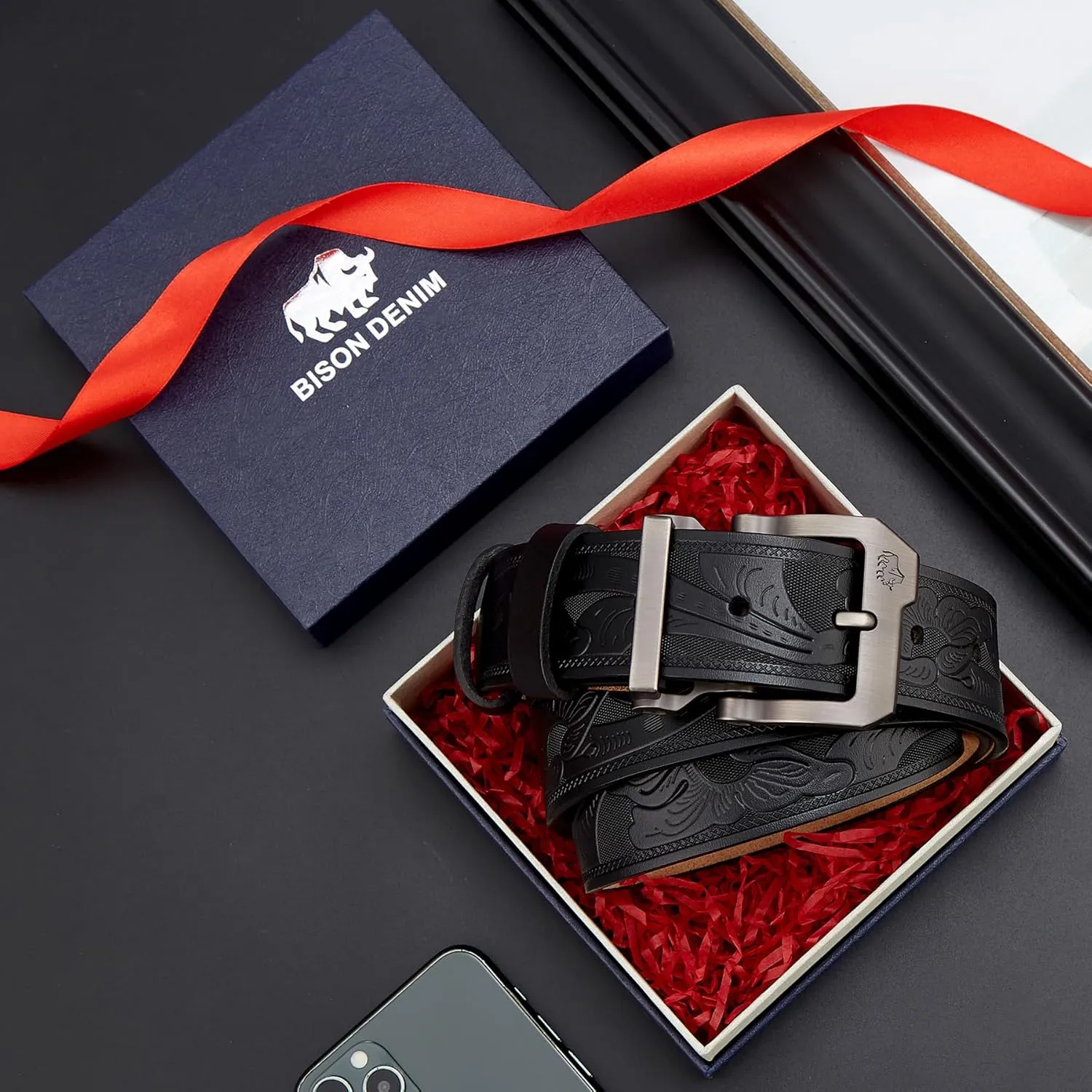 BISON DENIM Men's Belts Leather Dress Genuine Leather Classic Heavy Duty Buckle Belt Casual for Jeans