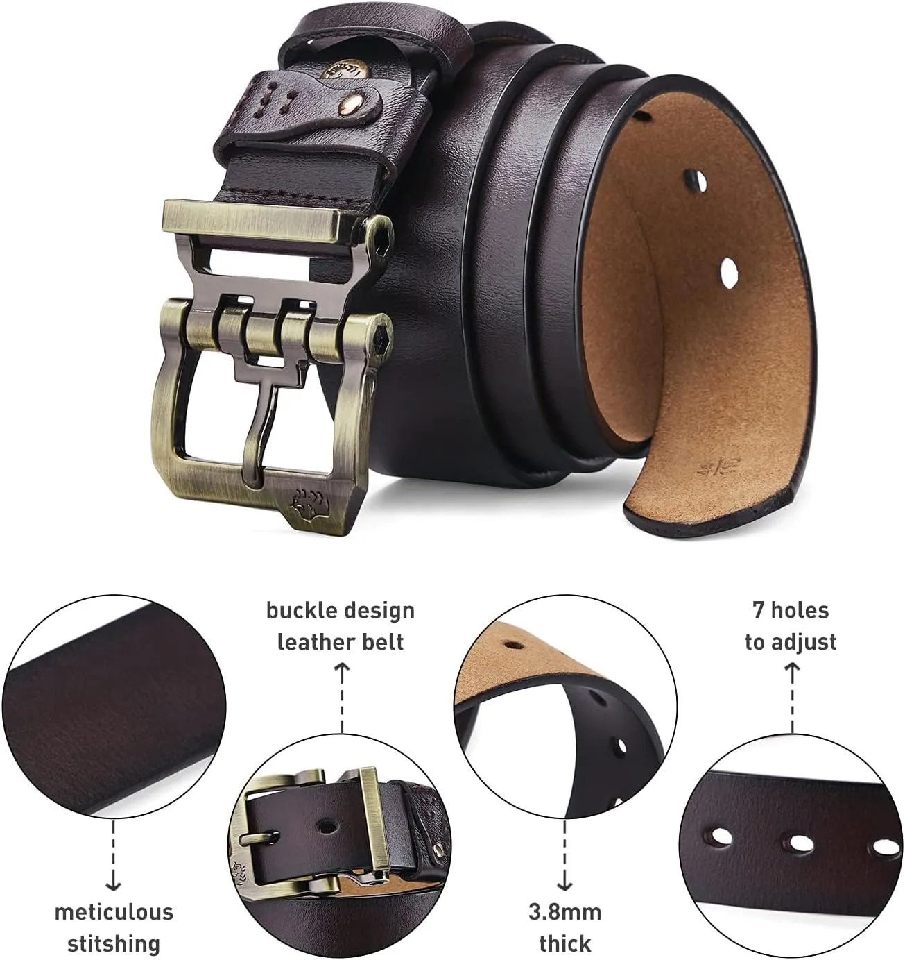 BISON DENIM Men's Belts Leather Dress Genuine Leather Classic Heavy Duty Buckle Belt Casual for Jeans