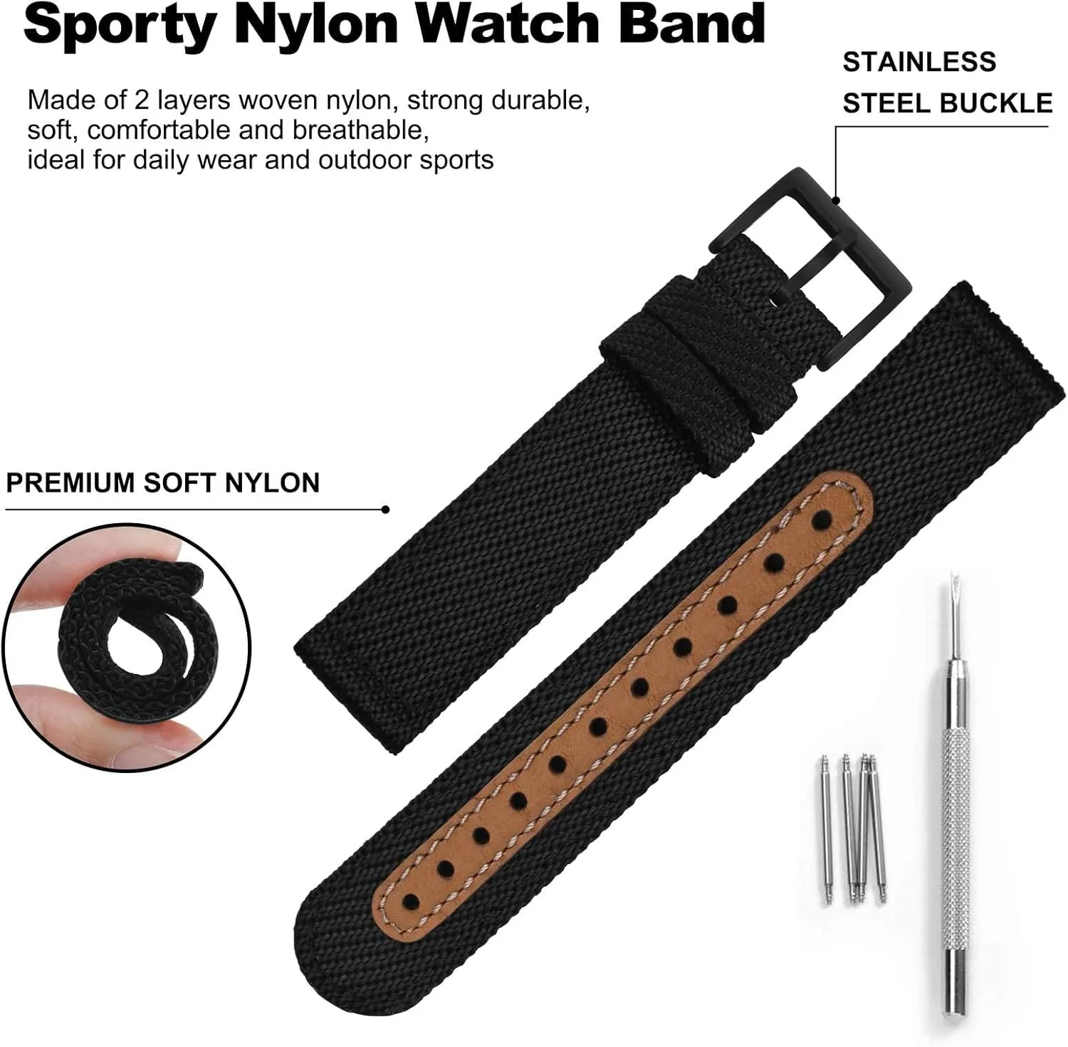 BISONSTRAP Sporty Nylon Watch Bands, Military Watch Strap for Men 18mm 20mm 22mm, Multiple Colors