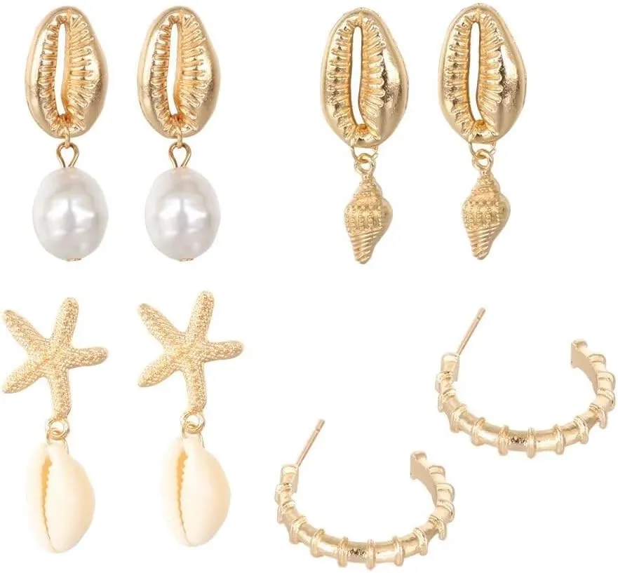 Blue Drop Boho Seashell Earrings Gold Plated Starfish Earring Seashell Conch Earring Set Pearl Stud Earrings Shell Summer Beach Earrings Accessories for Women Summer Gifts