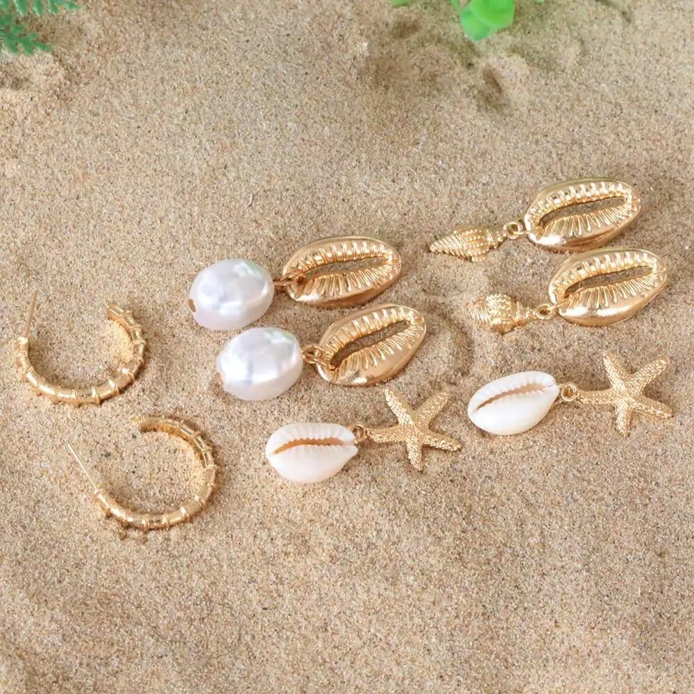 Blue Drop Boho Seashell Earrings Gold Plated Starfish Earring Seashell Conch Earring Set Pearl Stud Earrings Shell Summer Beach Earrings Accessories for Women Summer Gifts