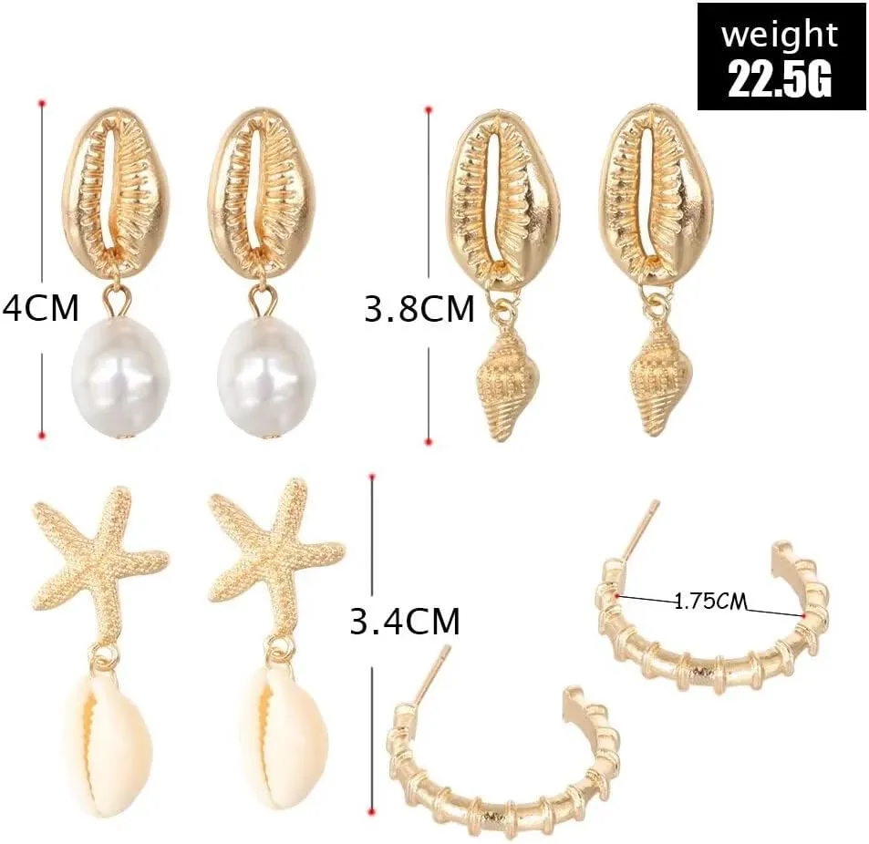 Blue Drop Boho Seashell Earrings Gold Plated Starfish Earring Seashell Conch Earring Set Pearl Stud Earrings Shell Summer Beach Earrings Accessories for Women Summer Gifts