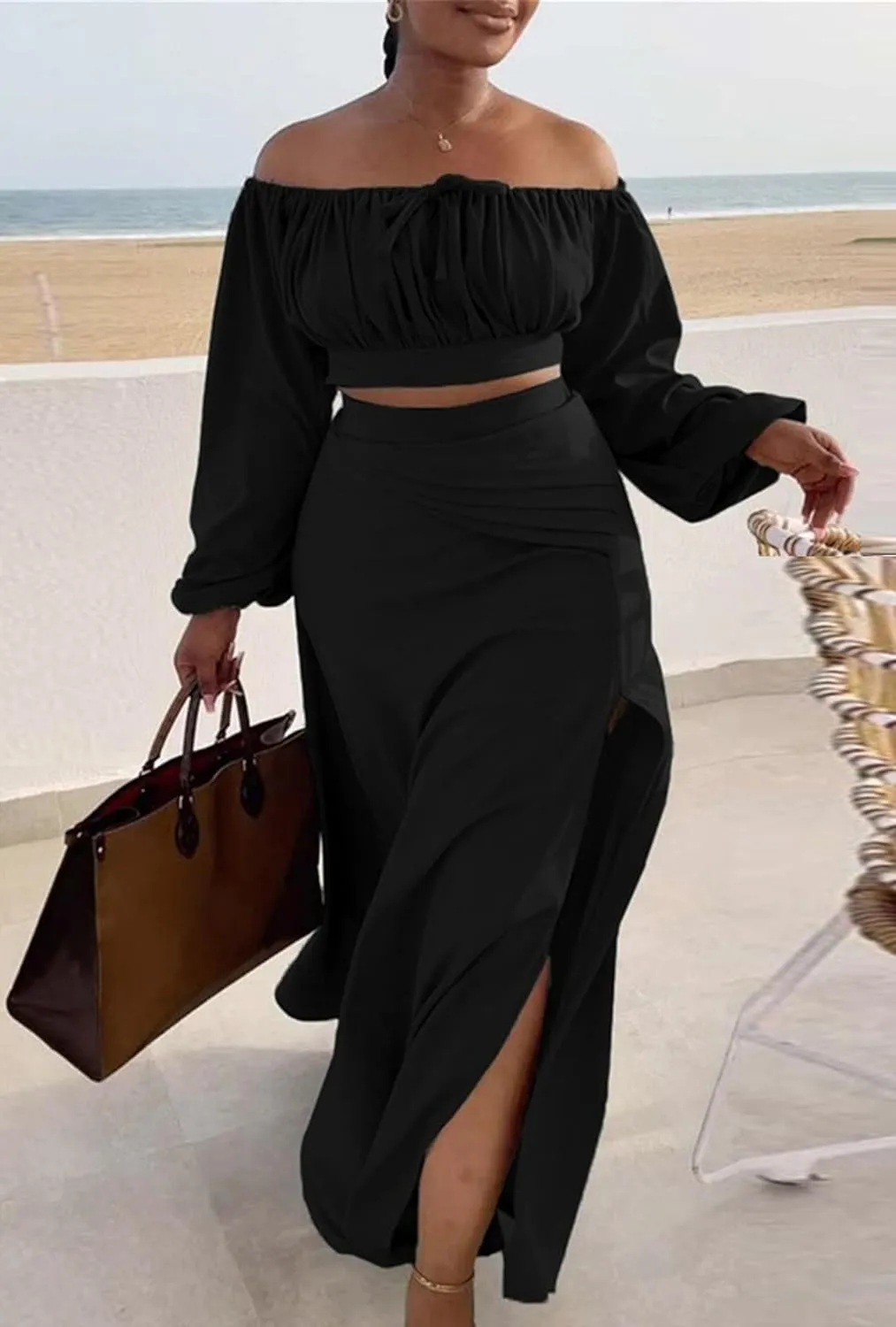 Bluewolfsea Women Sexy 2 Piece Outfits Long Sleeve Off Shoulder Crop Top Slit Maxi Skirt Set Two Piece Maxi Dress