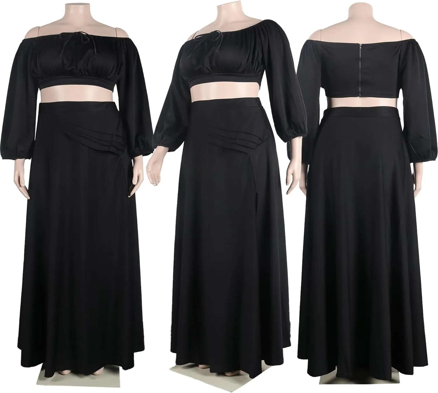 Bluewolfsea Women Sexy 2 Piece Outfits Long Sleeve Off Shoulder Crop Top Slit Maxi Skirt Set Two Piece Maxi Dress