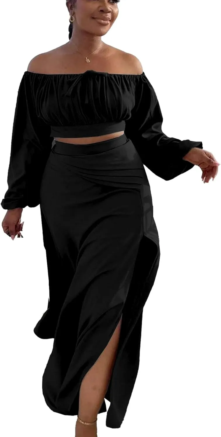 Bluewolfsea Women Sexy 2 Piece Outfits Long Sleeve Off Shoulder Crop Top Slit Maxi Skirt Set Two Piece Maxi Dress