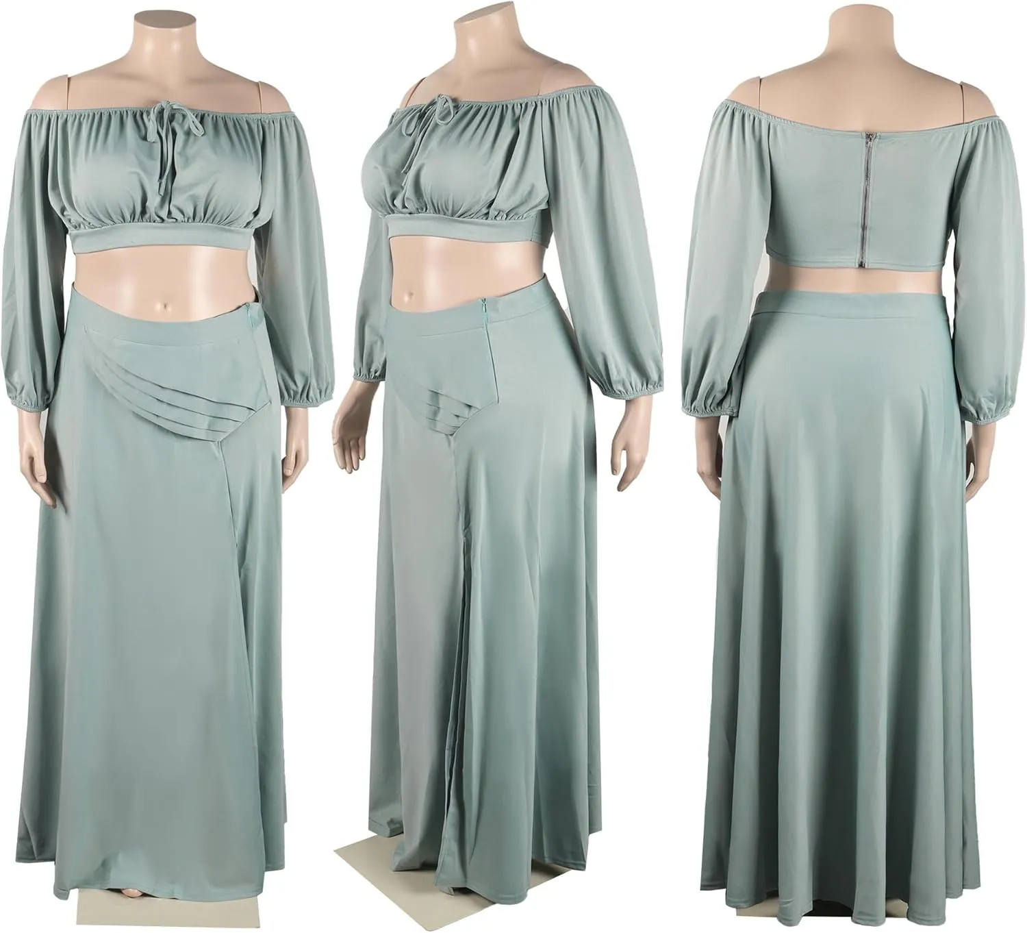 Bluewolfsea Women Sexy 2 Piece Outfits Long Sleeve Off Shoulder Crop Top Slit Maxi Skirt Set Two Piece Maxi Dress