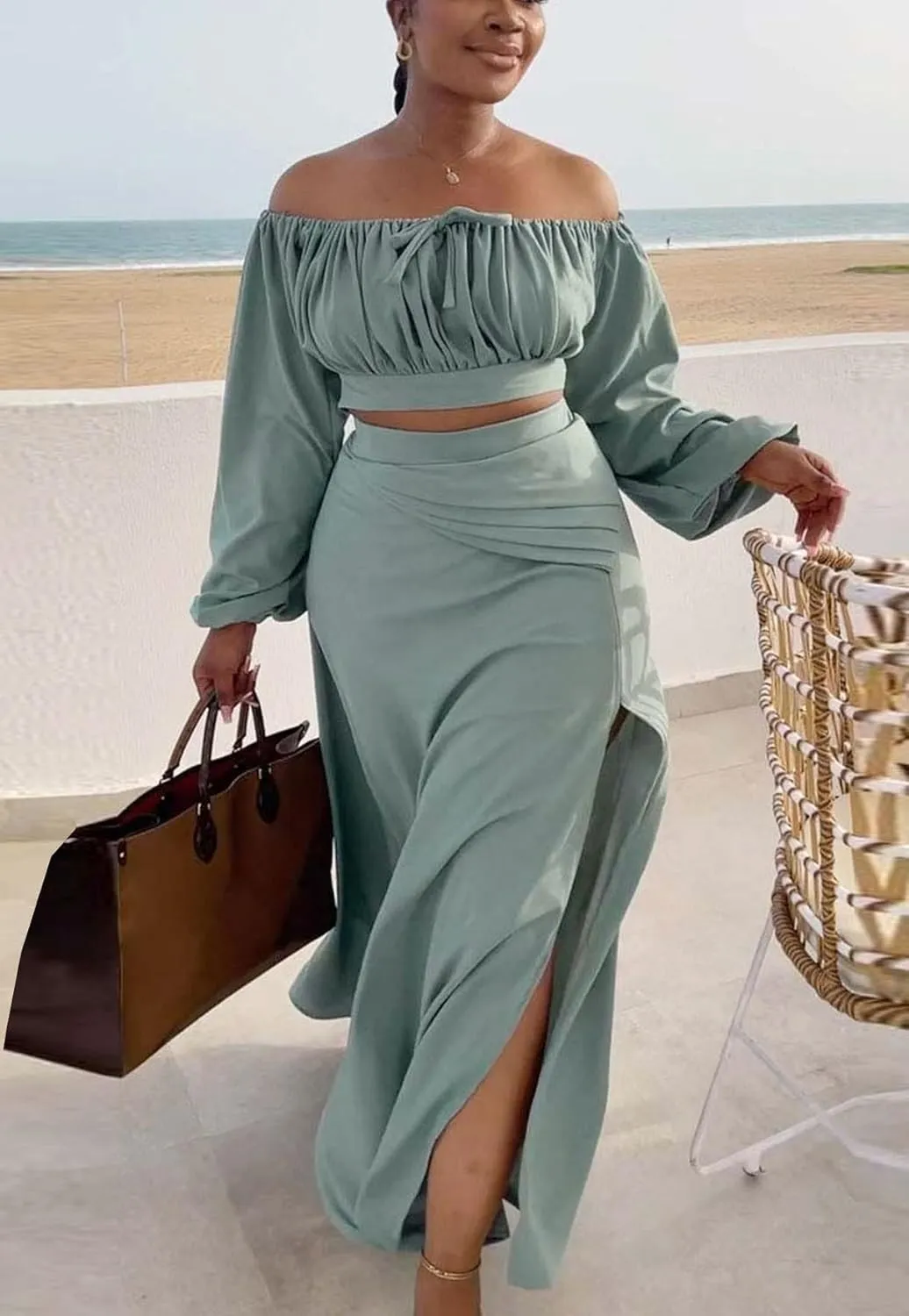 Bluewolfsea Women Sexy 2 Piece Outfits Long Sleeve Off Shoulder Crop Top Slit Maxi Skirt Set Two Piece Maxi Dress
