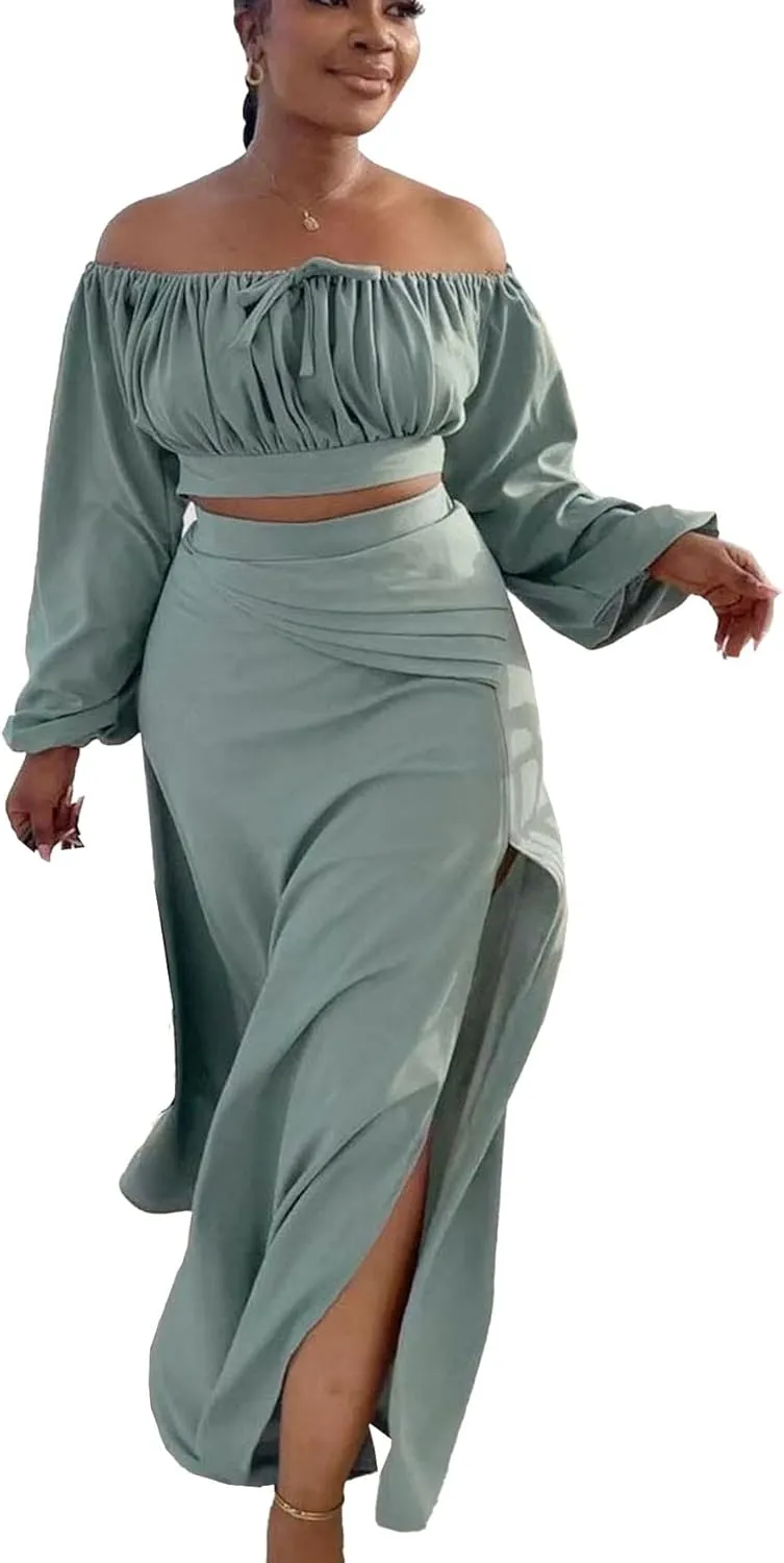 Bluewolfsea Women Sexy 2 Piece Outfits Long Sleeve Off Shoulder Crop Top Slit Maxi Skirt Set Two Piece Maxi Dress
