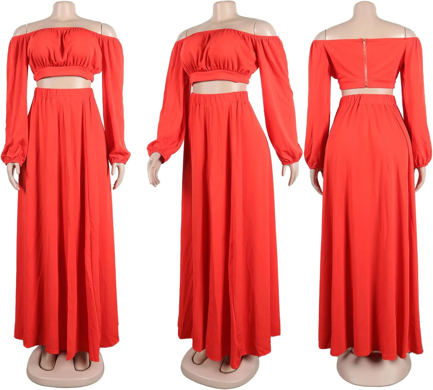 Bluewolfsea Women Sexy 2 Piece Outfits Long Sleeve Off Shoulder Crop Top Slit Maxi Skirt Set Two Piece Maxi Dress