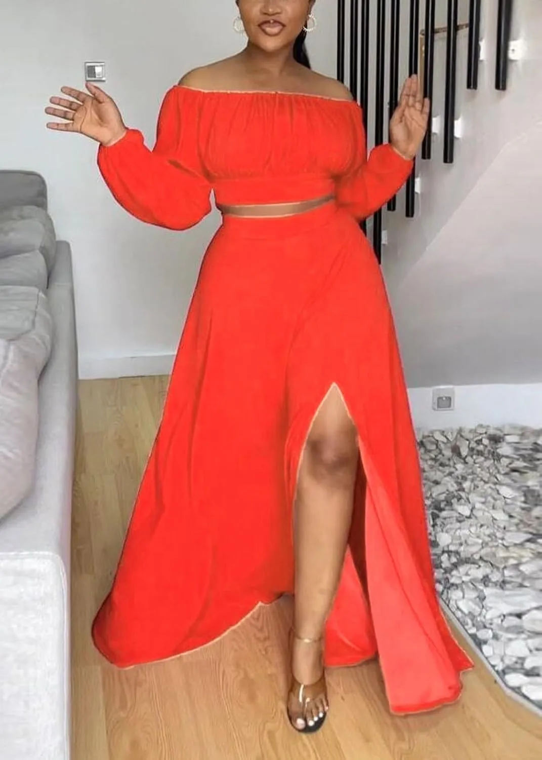 Bluewolfsea Women Sexy 2 Piece Outfits Long Sleeve Off Shoulder Crop Top Slit Maxi Skirt Set Two Piece Maxi Dress