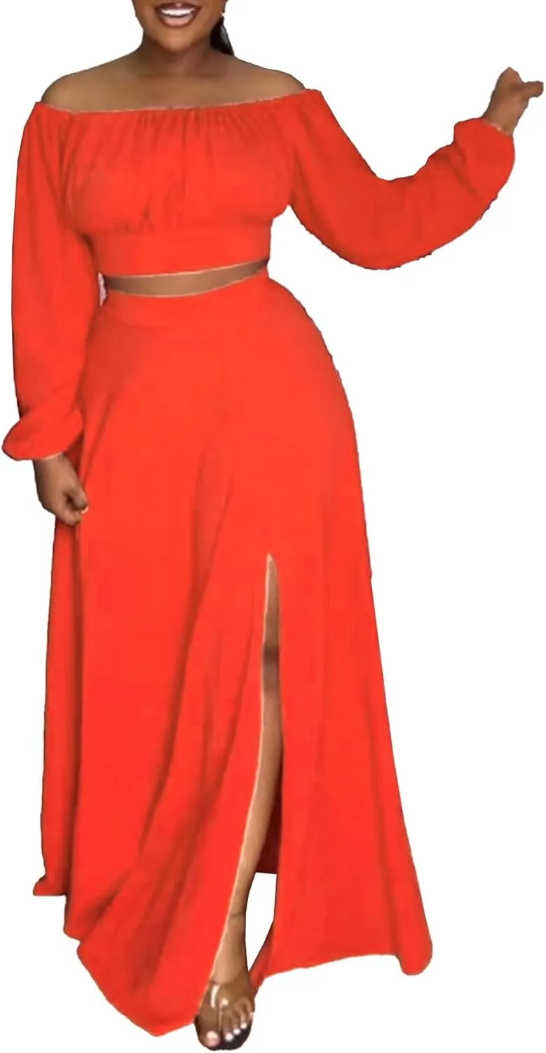 Bluewolfsea Women Sexy 2 Piece Outfits Long Sleeve Off Shoulder Crop Top Slit Maxi Skirt Set Two Piece Maxi Dress