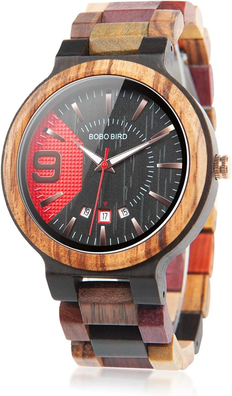 BOBO BIRD Men's Colorful Wooden Watches Analog Quartz Date Display Wood Watch Handmade Luxury Casual Wristwatch with Gifts Box for Men