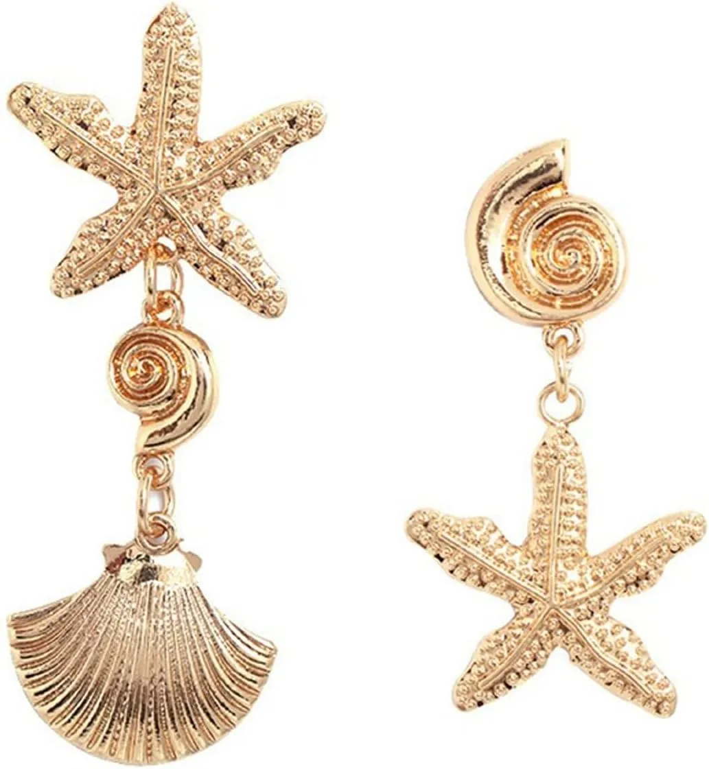 Bohemian Asymmetric Starfish Seashell Earrings for Women Gold Plated Boho Handmade Mismatch Charm Cowrie Sea Shell Star Ocean Animals Vintage Dangle Drop Earrings for Summer Beach Holiday Party Jewelry Gifts