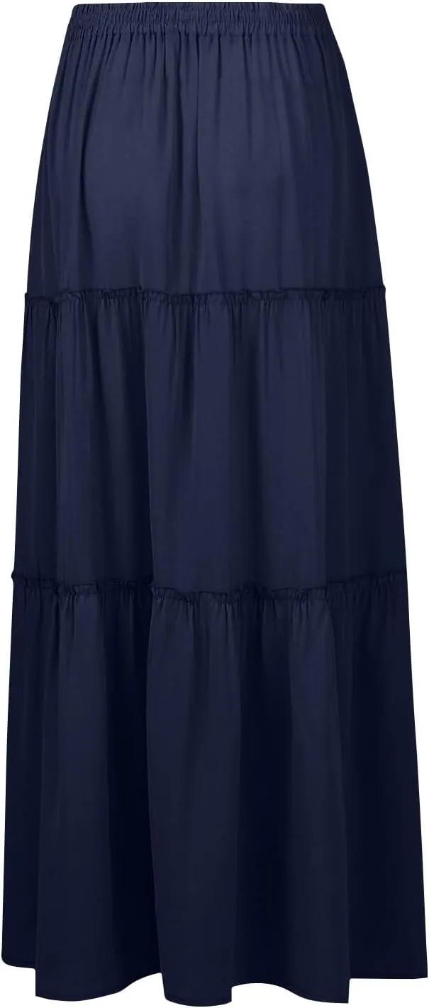 Boho Maxi Skirts for Women Pleated High Waisted Tiered A Line Skirt 2025 Summer Casual Flowy Long Skirts with Pockets