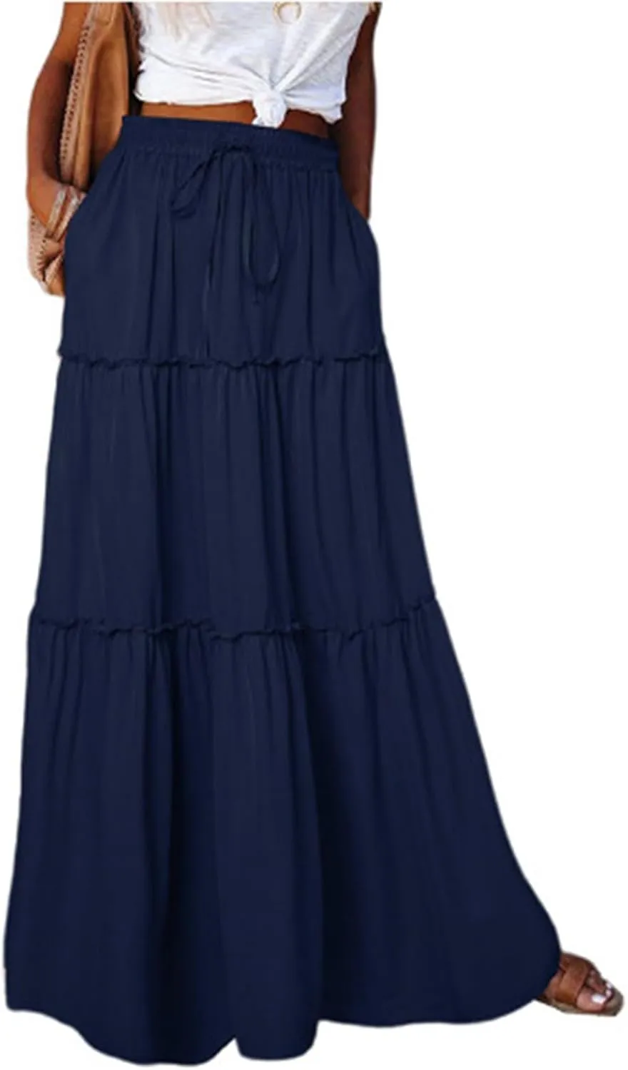 Boho Maxi Skirts for Women Pleated High Waisted Tiered A Line Skirt 2025 Summer Casual Flowy Long Skirts with Pockets
