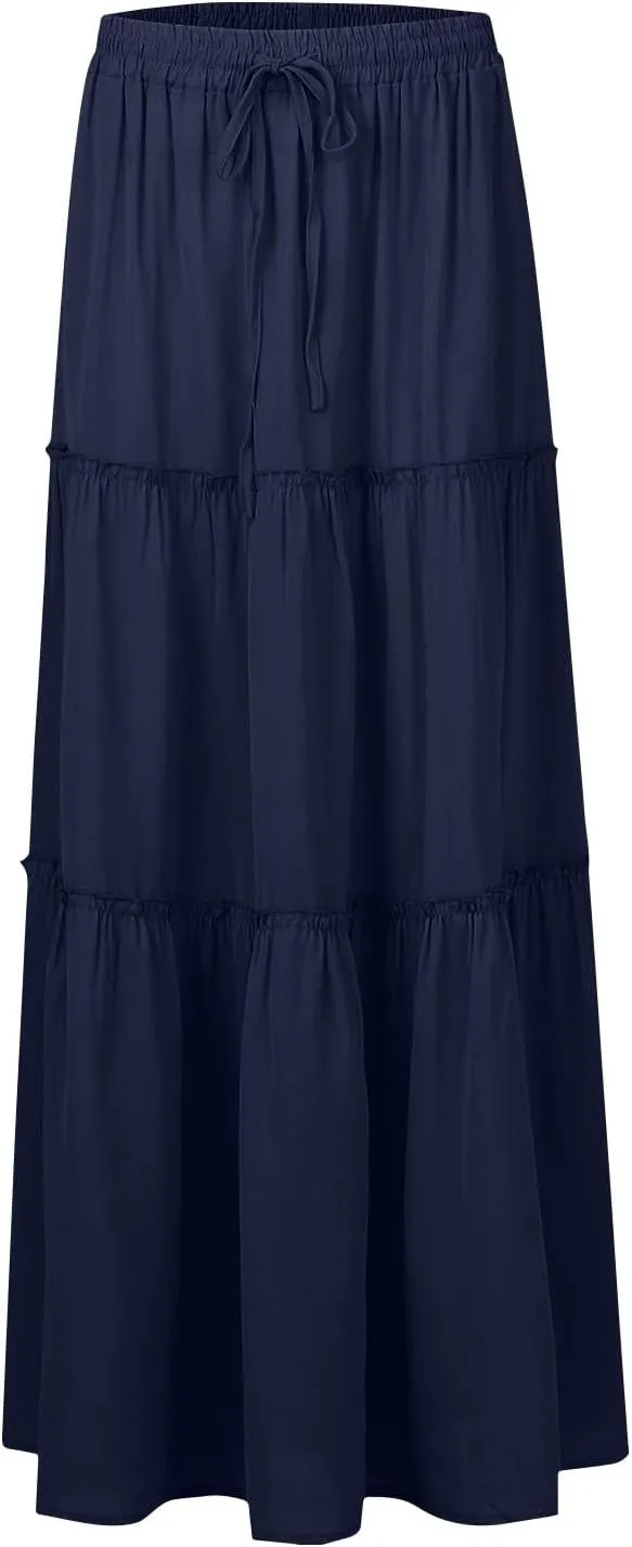 Boho Maxi Skirts for Women Pleated High Waisted Tiered A Line Skirt 2025 Summer Casual Flowy Long Skirts with Pockets