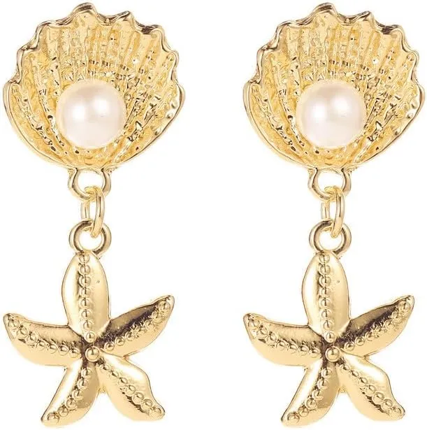 Boho Starfish Seashell Pearl Earrings for Women Gold Plated Star Handmade Inspired Ocean Sea Animals Geometric Cute Hypoallergenic Dangle Stud Earrings for Summer Beach Vacation Wedding Fashion Jewelry Gifts