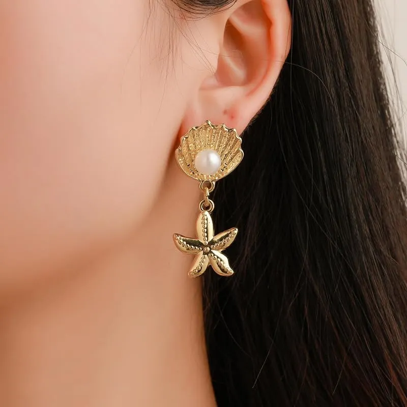 Boho Starfish Seashell Pearl Earrings for Women Gold Plated Star Handmade Inspired Ocean Sea Animals Geometric Cute Hypoallergenic Dangle Stud Earrings for Summer Beach Vacation Wedding Fashion Jewelry Gifts