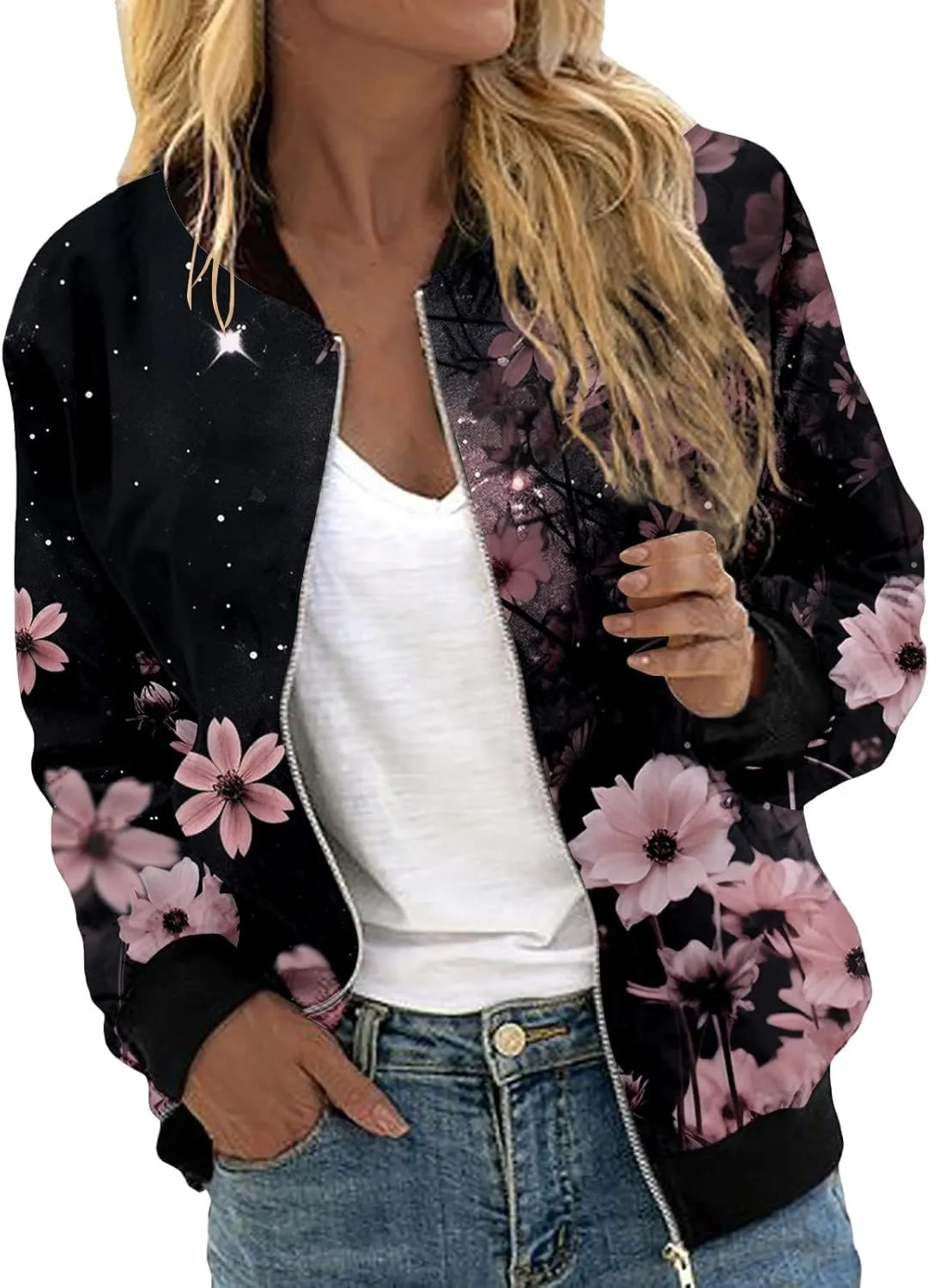 Bomber Jacket Women Casual Zip up Outerwear Windbreaker Long Sleeve Windproof Spring Fall Jackets with Pockets