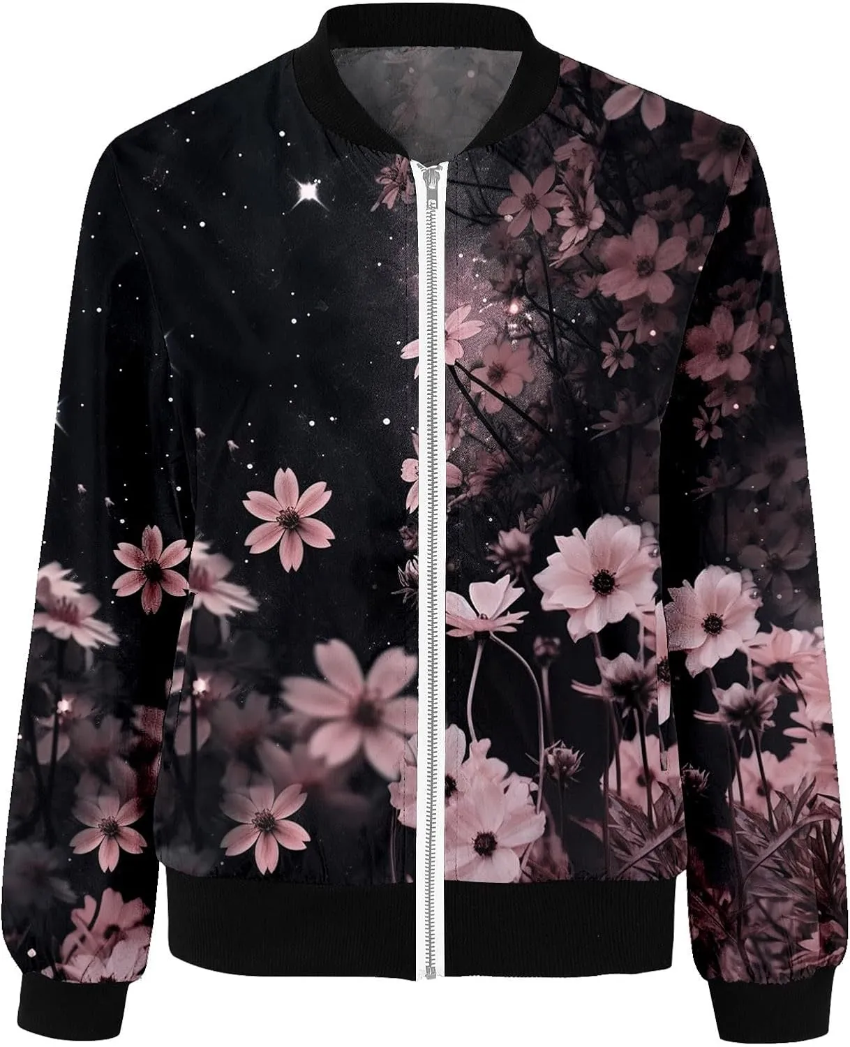 Bomber Jacket Women Casual Zip up Outerwear Windbreaker Long Sleeve Windproof Spring Fall Jackets with Pockets