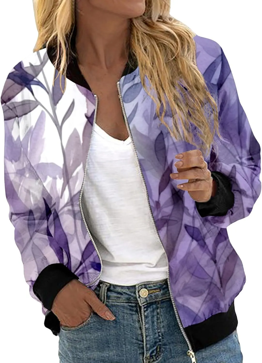Bomber Jacket Women Casual Zip up Outerwear Windbreaker Long Sleeve Windproof Spring Fall Jackets with Pockets