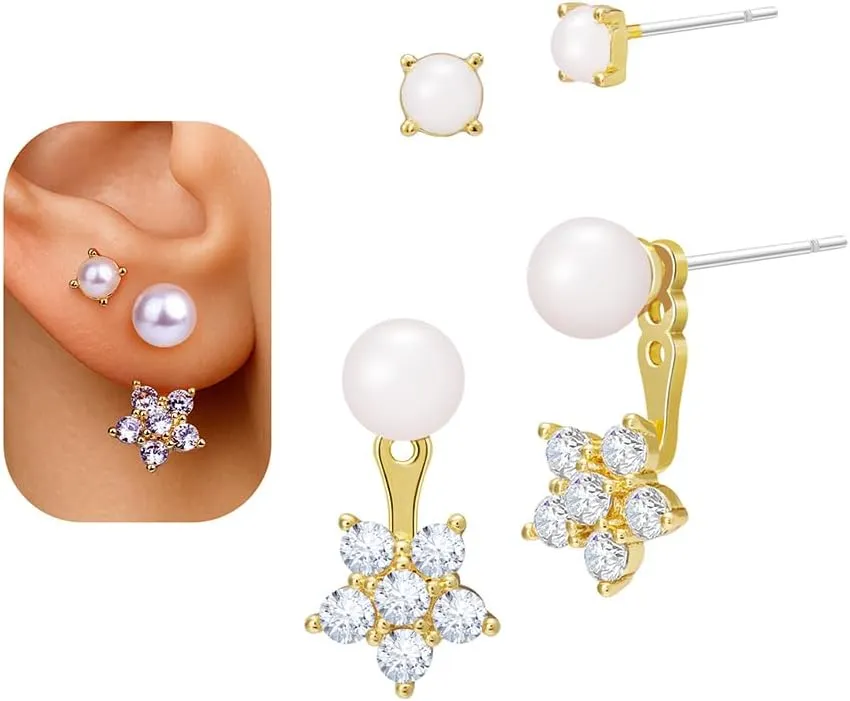 Bow Stud Pearl Earrings for Women: 14K Gold Pearl Stud Earrings Set - Dainty Cute Bow Earrings for Women Trendy Dangling - Unique Cubic Zirconia Flower Heart Teardrop Earring Gold Pearl Jewelry Gifts