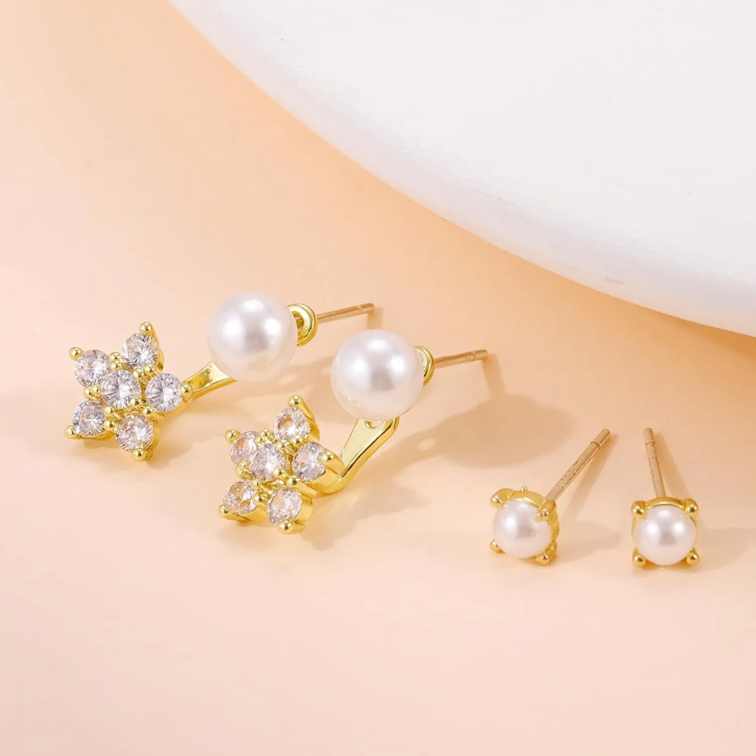 Bow Stud Pearl Earrings for Women: 14K Gold Pearl Stud Earrings Set - Dainty Cute Bow Earrings for Women Trendy Dangling - Unique Cubic Zirconia Flower Heart Teardrop Earring Gold Pearl Jewelry Gifts