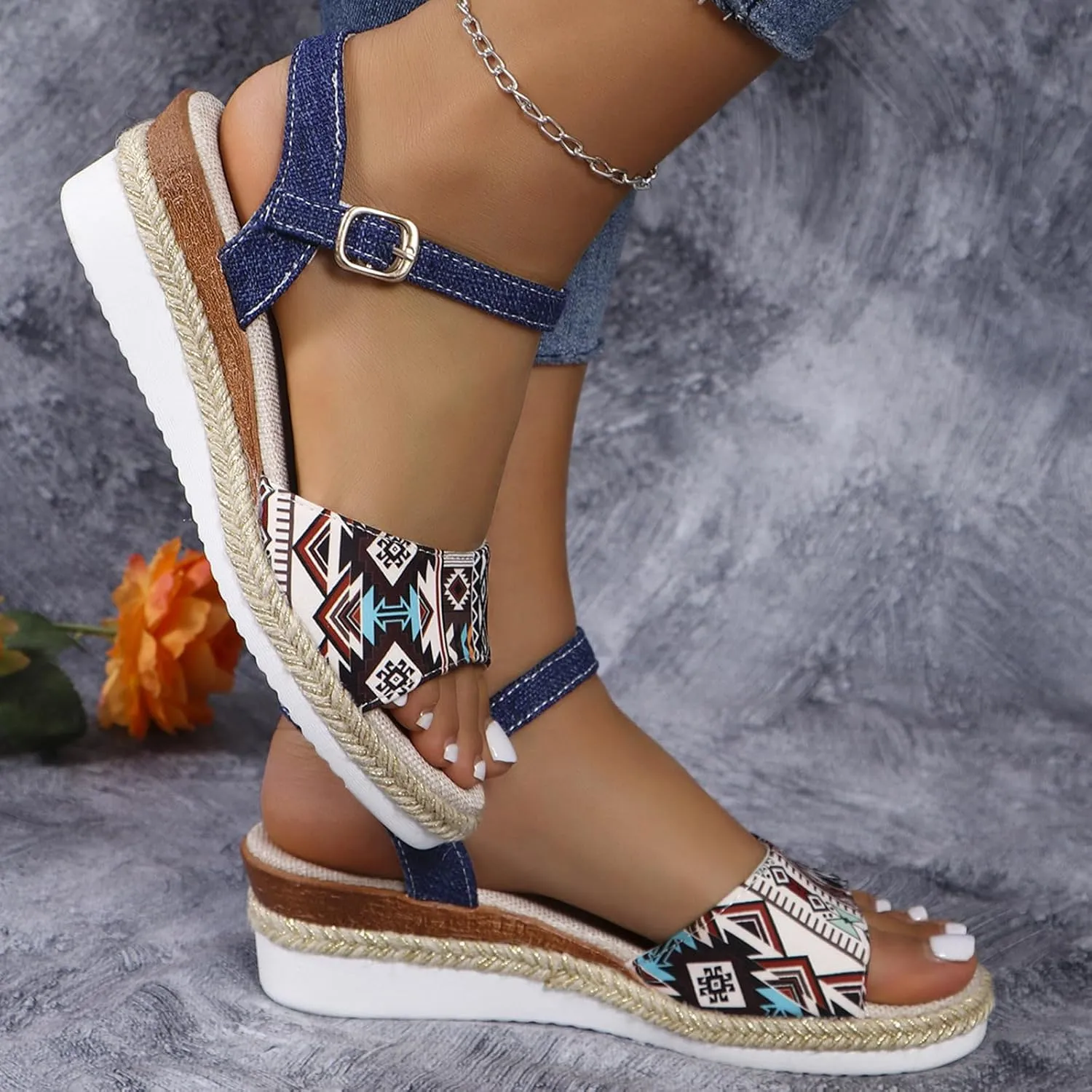 Breathable Open Toe Sandals for Women Non Slip Bohemian Wedge Sandal Orthopedic Sandals with Arch Support