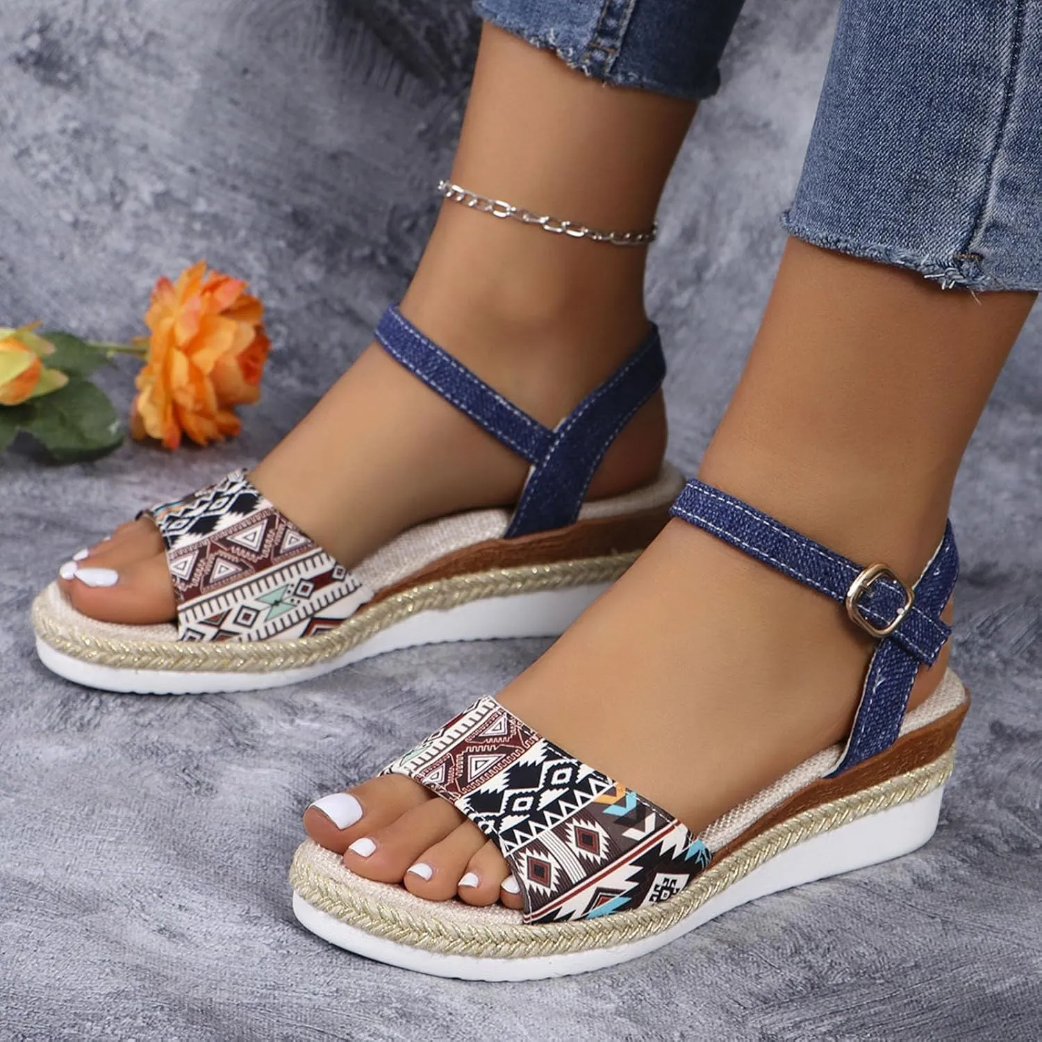 Breathable Open Toe Sandals for Women Non Slip Bohemian Wedge Sandal Orthopedic Sandals with Arch Support