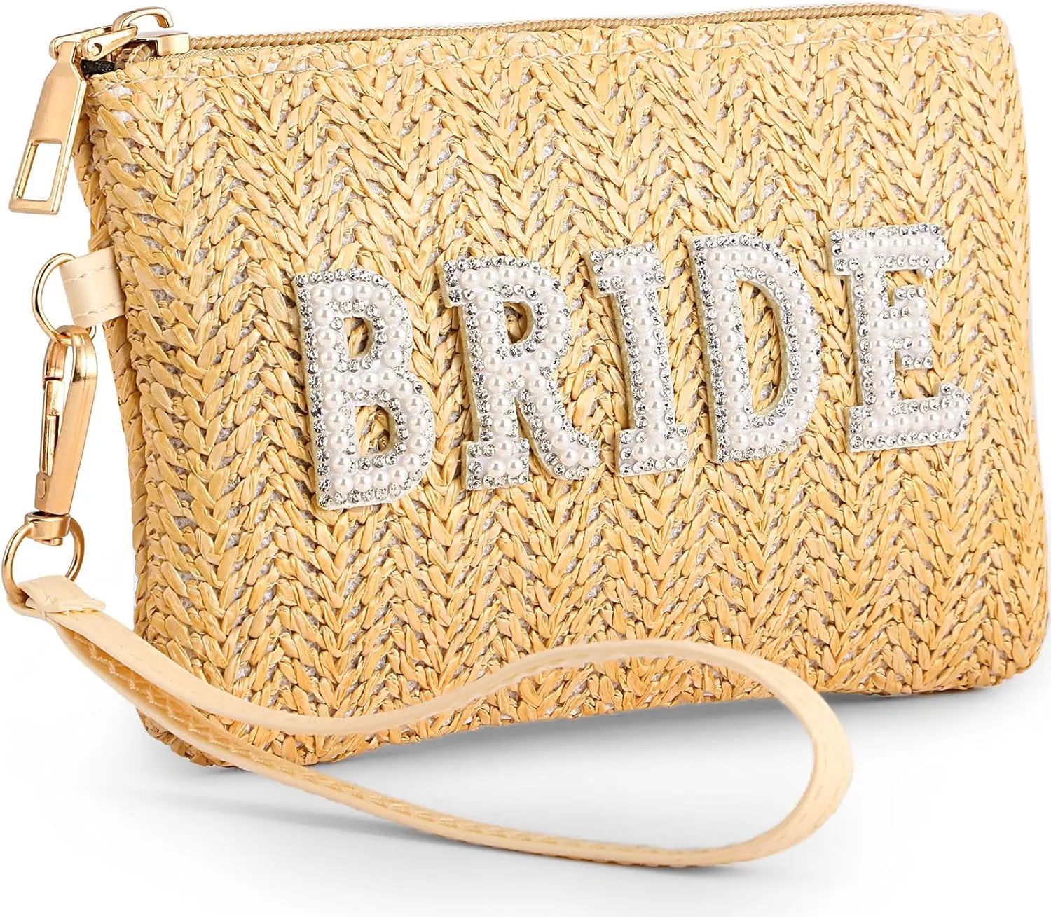 Bride Straw Clutch Purse Pearl Rhinestone Wedding Straw Handbag Women's Bohemian Wristlet Purse for Honeymoon Bridal