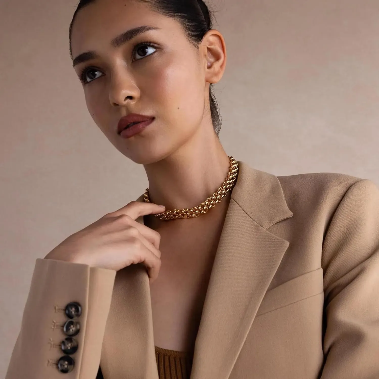 CAITLYNMINIMALIST 18K Gold Plated Silver Brass Bold Chunky Wide Link Mesh Choker Necklace for Women