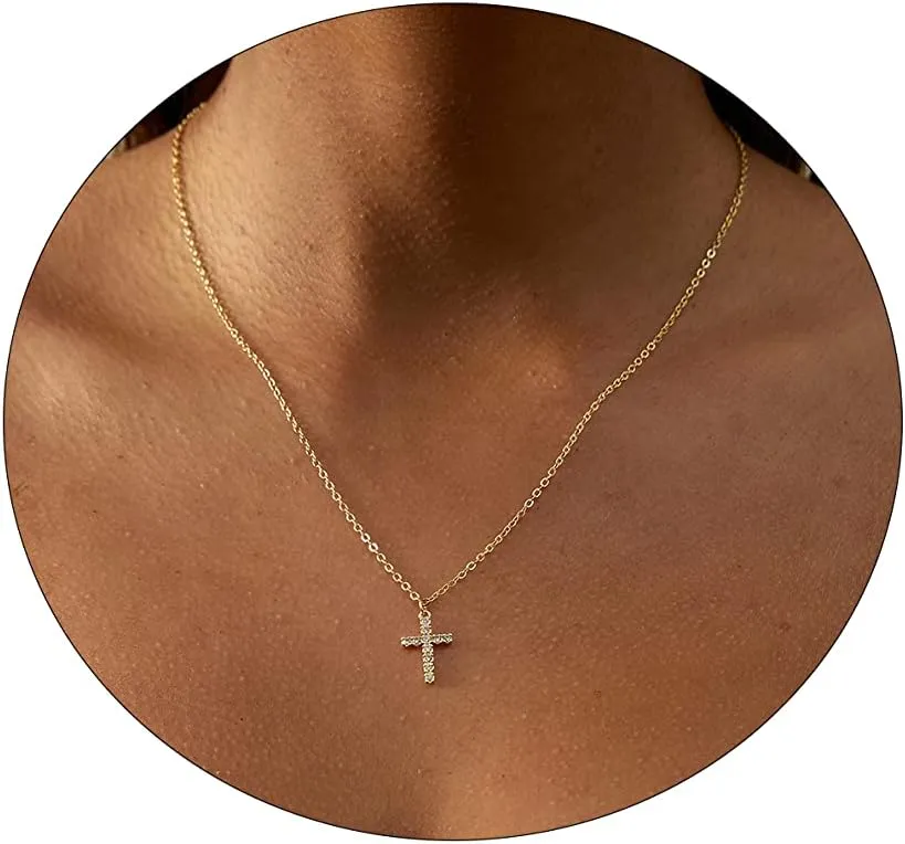 CAROVO Dainty Cross Pendant Necklaces for Women 14K Gold Plated Cute Faith Cross Necklace Sideways Cross Necklace Minimal Everyday Jewelry Gift