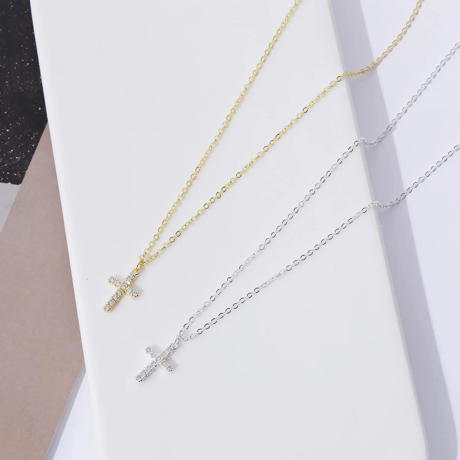 CAROVO Dainty Cross Pendant Necklaces for Women 14K Gold Plated Cute Faith Cross Necklace Sideways Cross Necklace Minimal Everyday Jewelry Gift