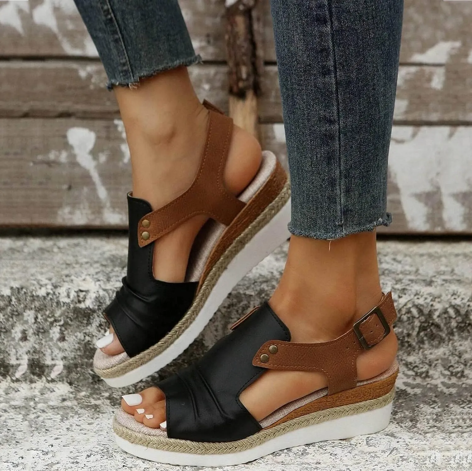 Cathalem Orthopedic Platform Wedge Sandals for Women Summer Dressy 2024 Flat Open Toe Ankle Strap Sandals Comfortable Slip on Beach Sandals