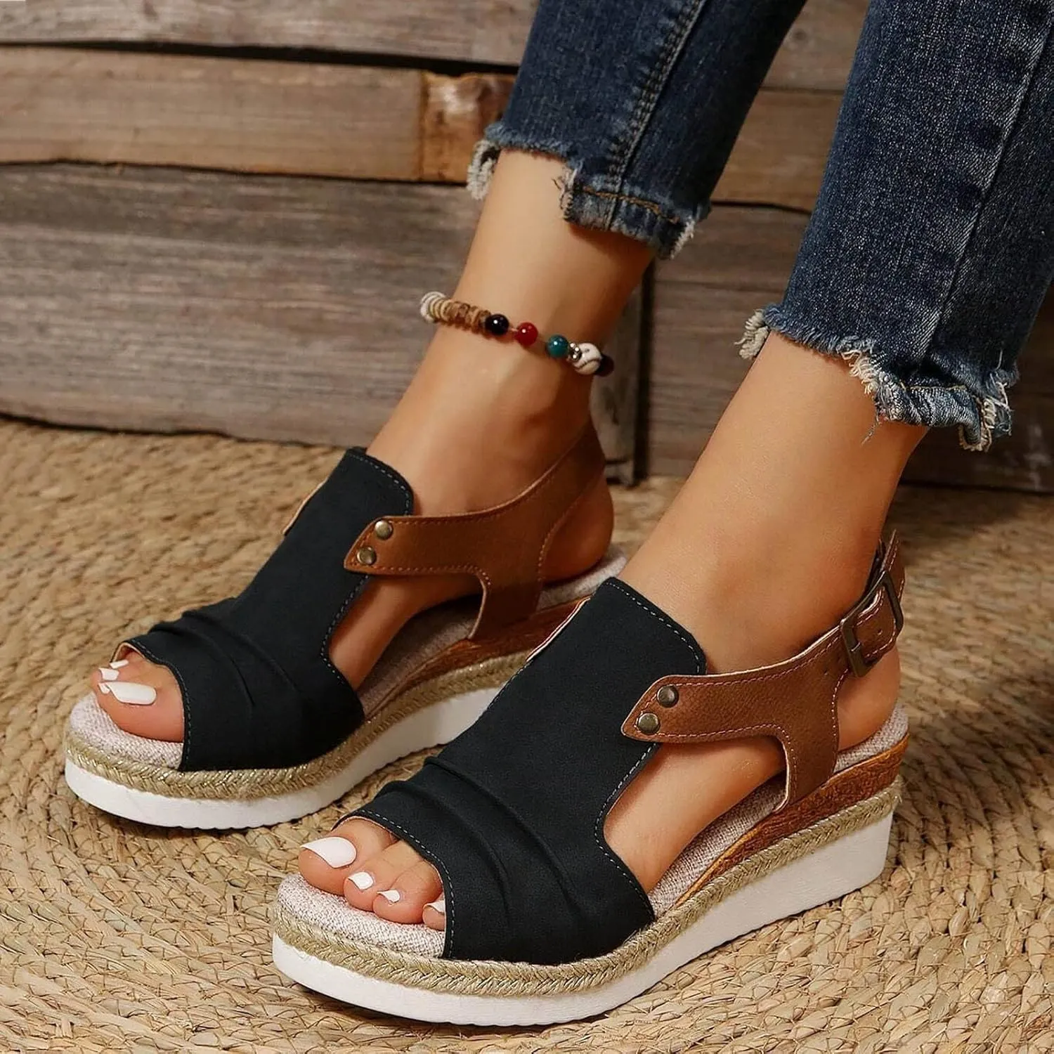 Cathalem Orthopedic Platform Wedge Sandals for Women Summer Dressy 2024 Flat Open Toe Ankle Strap Sandals Comfortable Slip on Beach Sandals