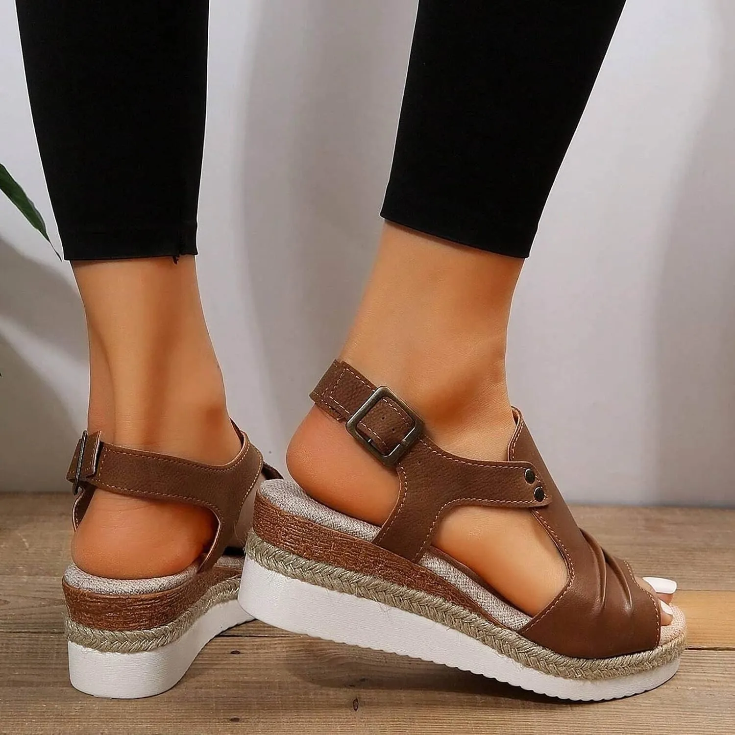 Cathalem Orthopedic Wedge Sandals for Women Summer Dressy Flat Open Toe Ankle Strap Platform Sandals Slip on Sandals Beach Comfortable Shoes