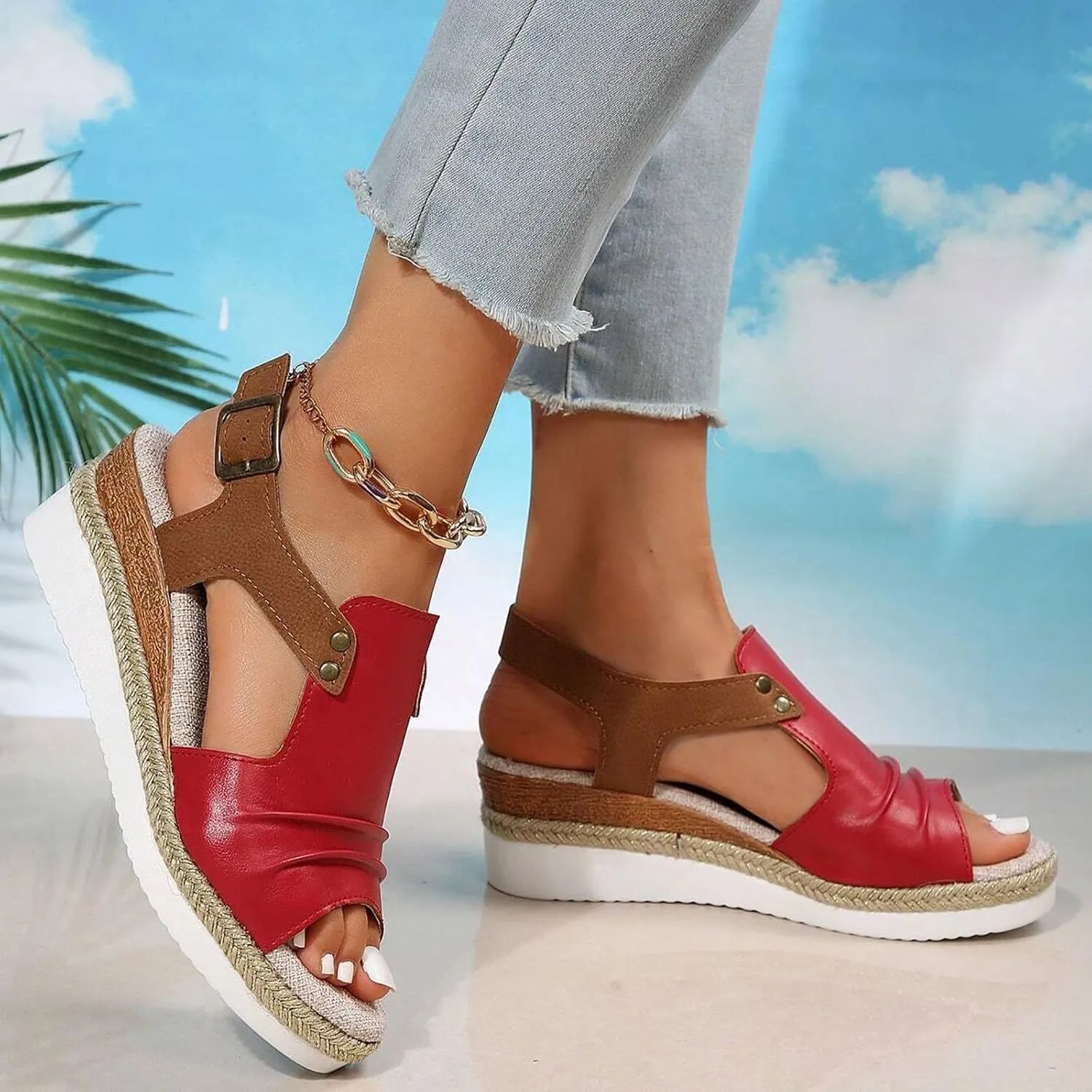 Cathalem Orthopedic Wedge Sandals for Women Summer Dressy Slip on Open Toe Ankle Strap Platform Sandals Beach Comfortable Outdoor Shoes