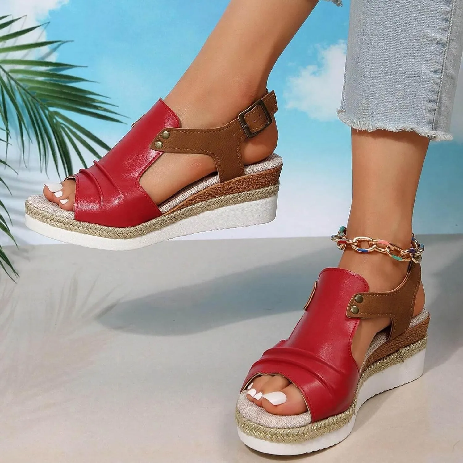 Cathalem Orthopedic Wedge Sandals for Women Summer Dressy Slip on Open Toe Ankle Strap Platform Sandals Beach Comfortable Outdoor Shoes