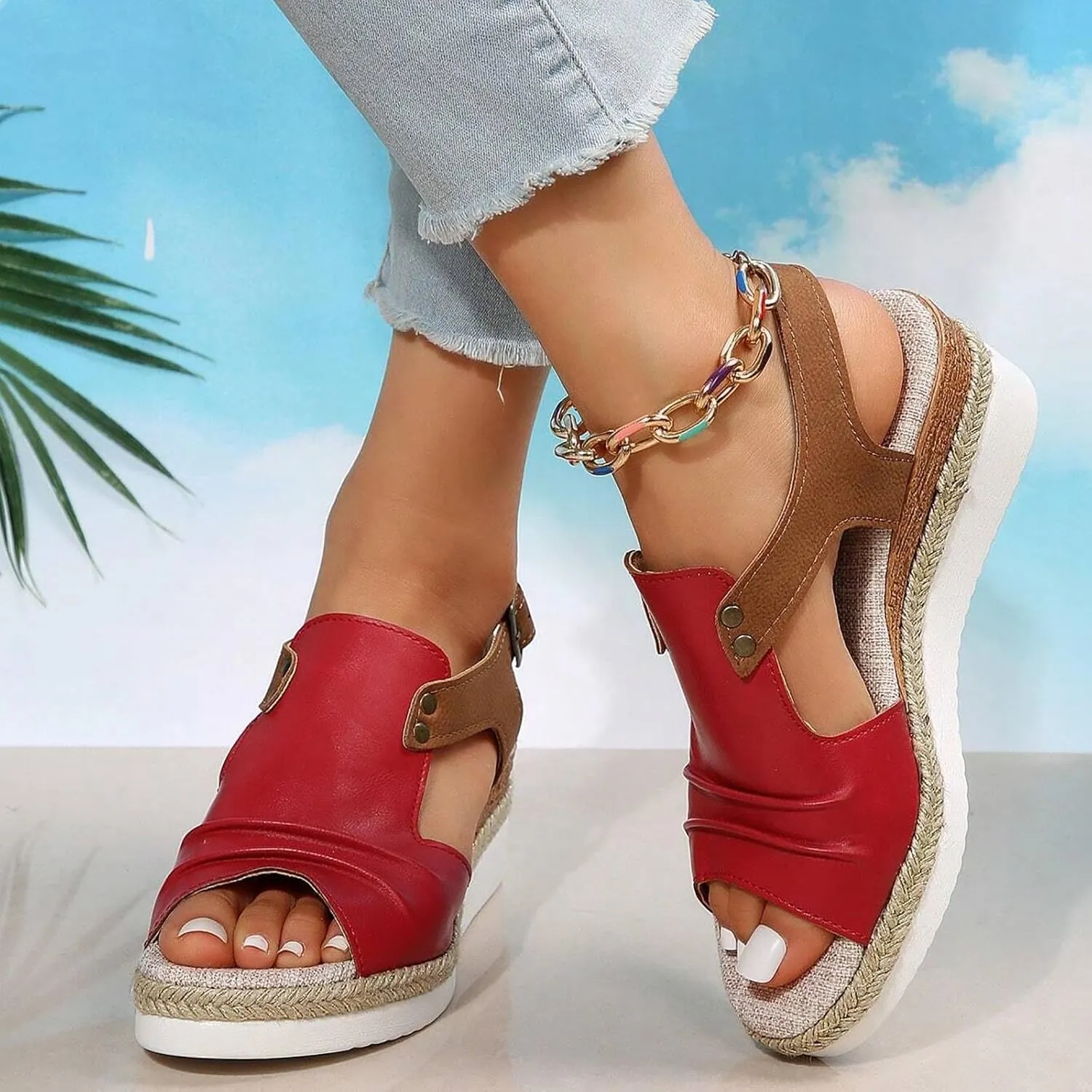 Cathalem Orthopedic Wedge Sandals for Women Summer Dressy Slip on Open Toe Ankle Strap Platform Sandals Beach Comfortable Outdoor Shoes