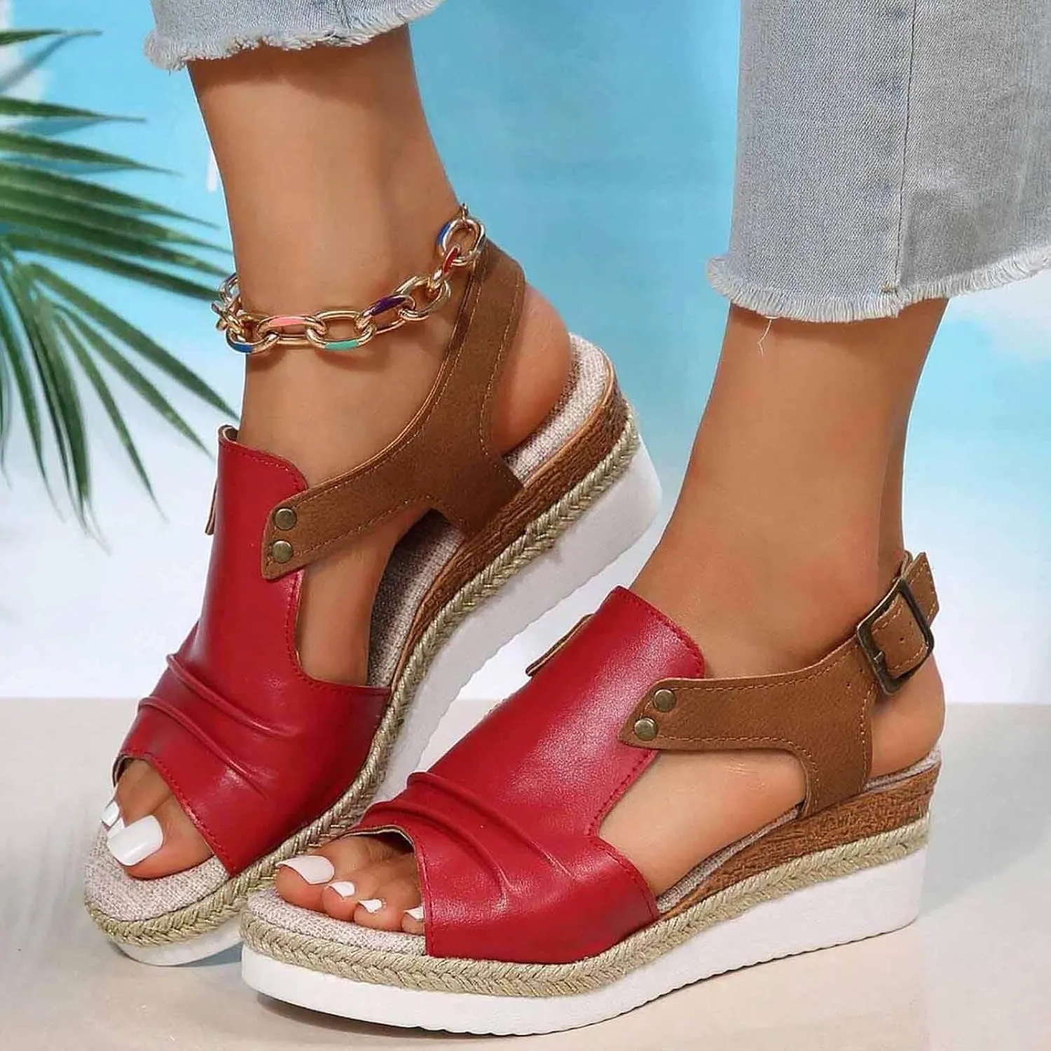 Cathalem Orthopedic Wedge Sandals for Women Summer Dressy Slip on Open Toe Ankle Strap Platform Sandals Beach Comfortable Outdoor Shoes