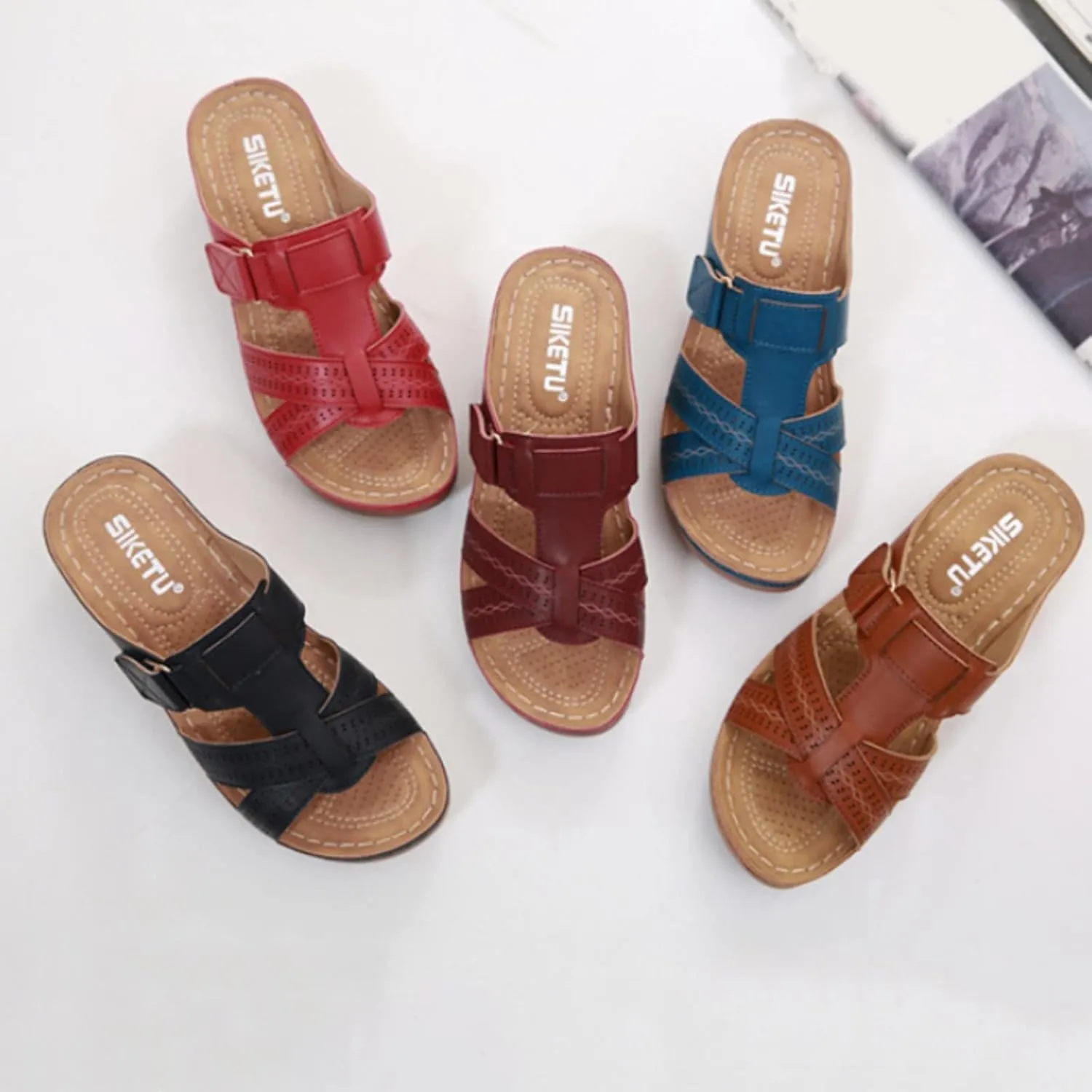 Cathalem Summer Sandals for Women 2024 Womens Orthopedic Wedge Heel Slip On Open Toe Sandals Shoes