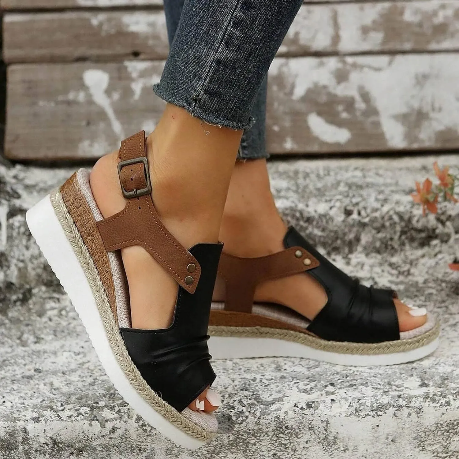Cathalem Summer Sandals for Women 2024,Summer Platform Cork Wedges Espadrille Heel Strappy Leather Arch Support Sandals
