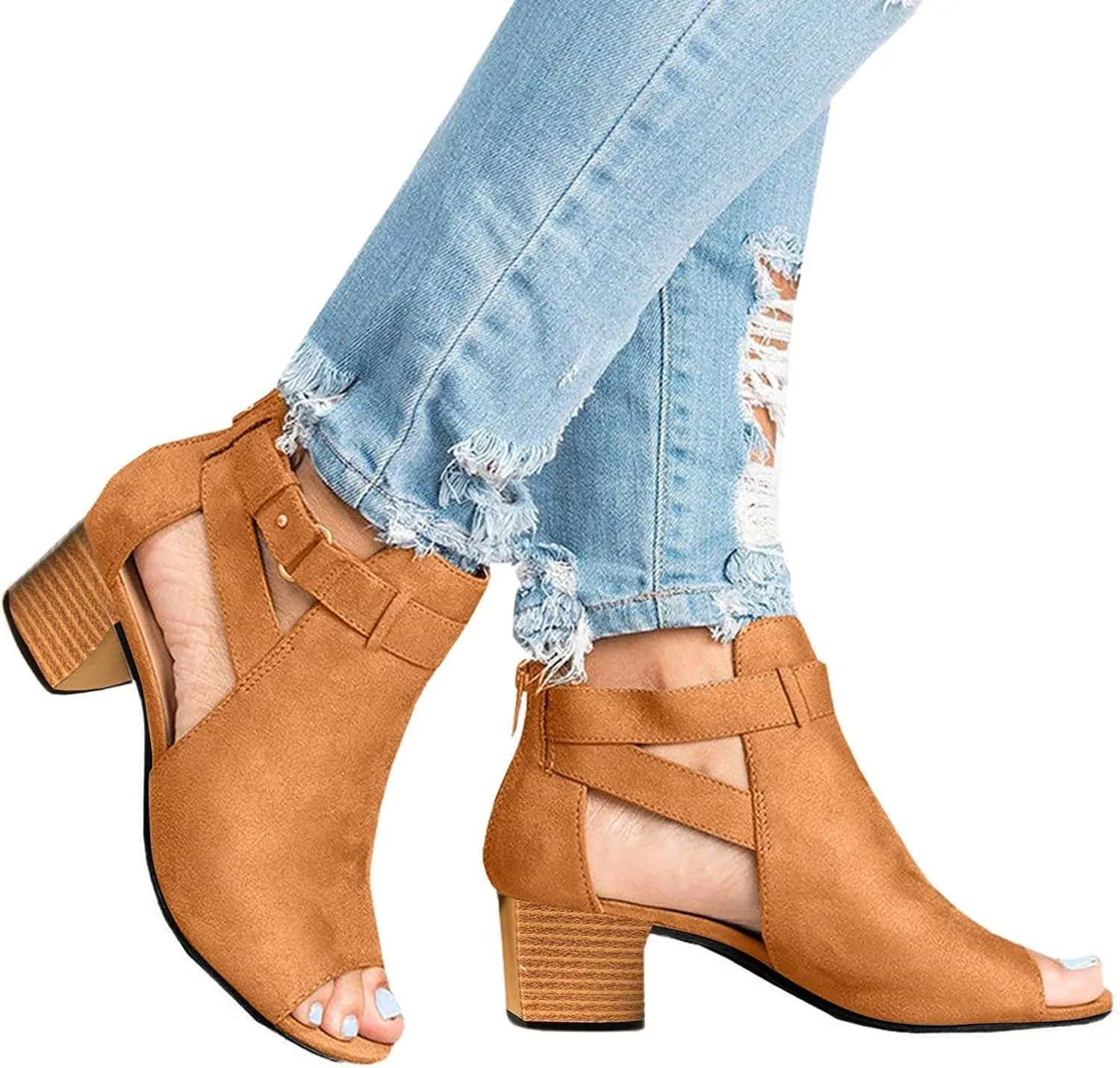 Cathalem Walking Sandals for Women, Womens Platform Sandals Suede Peep Toe Ankle Booties slip on Stacked Block Heel Ankle Sandals